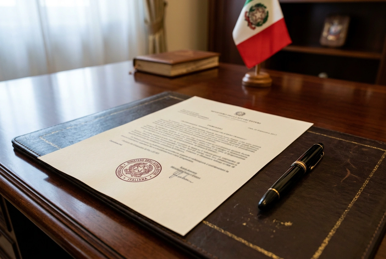 Documento ufficiale con timbro istituzionale su una scrivania in un ufficio formale