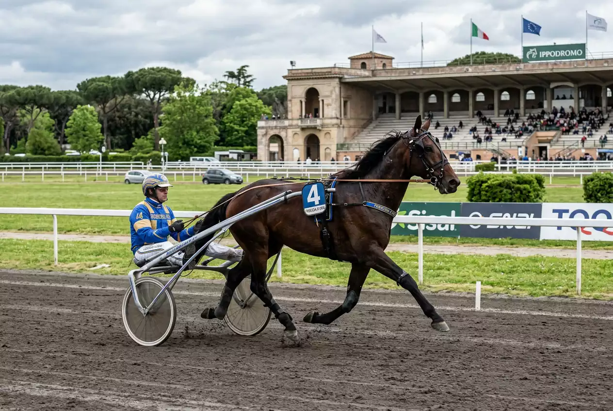 Cavallo trottatore in corsa su pista ovale in un ippodromo italiano