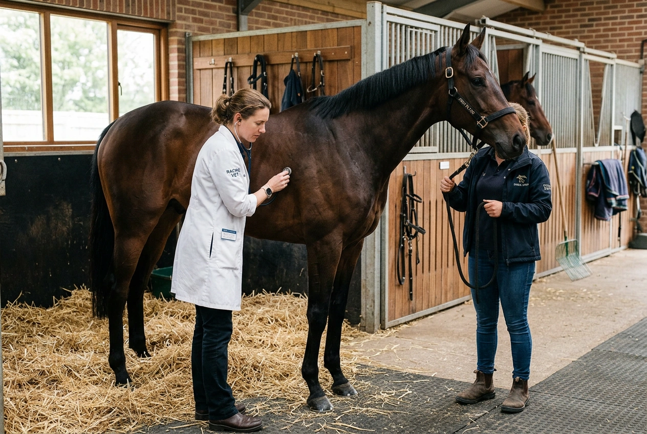 Veterinario che controlla un cavallo da corsa durante un'ispezione pre-gara nel paddock