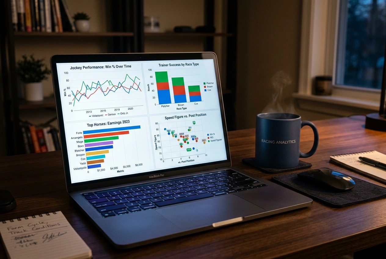 Schermo di laptop con grafici di analisi dati sulle corse dei cavalli