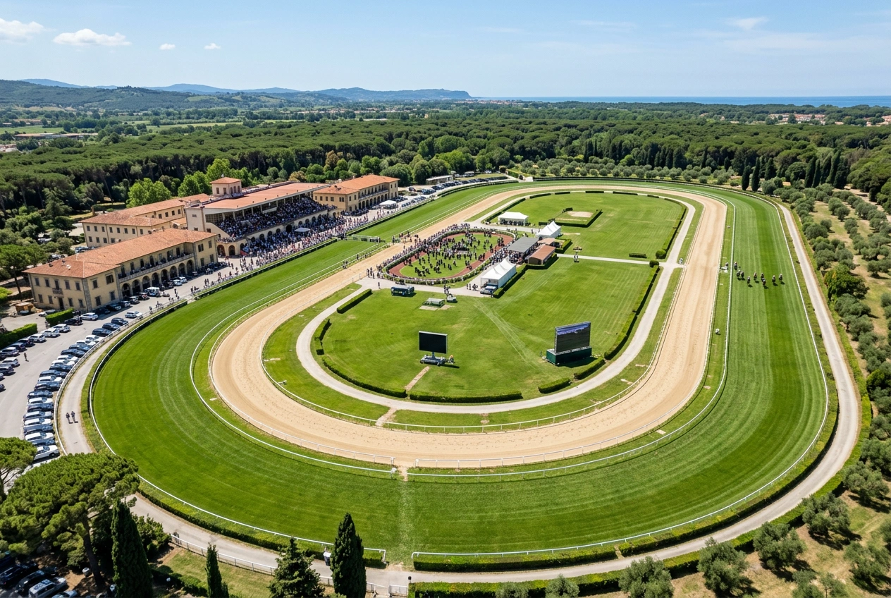 Vista panoramica di un ippodromo italiano con pista in erba e tribune sullo sfondo