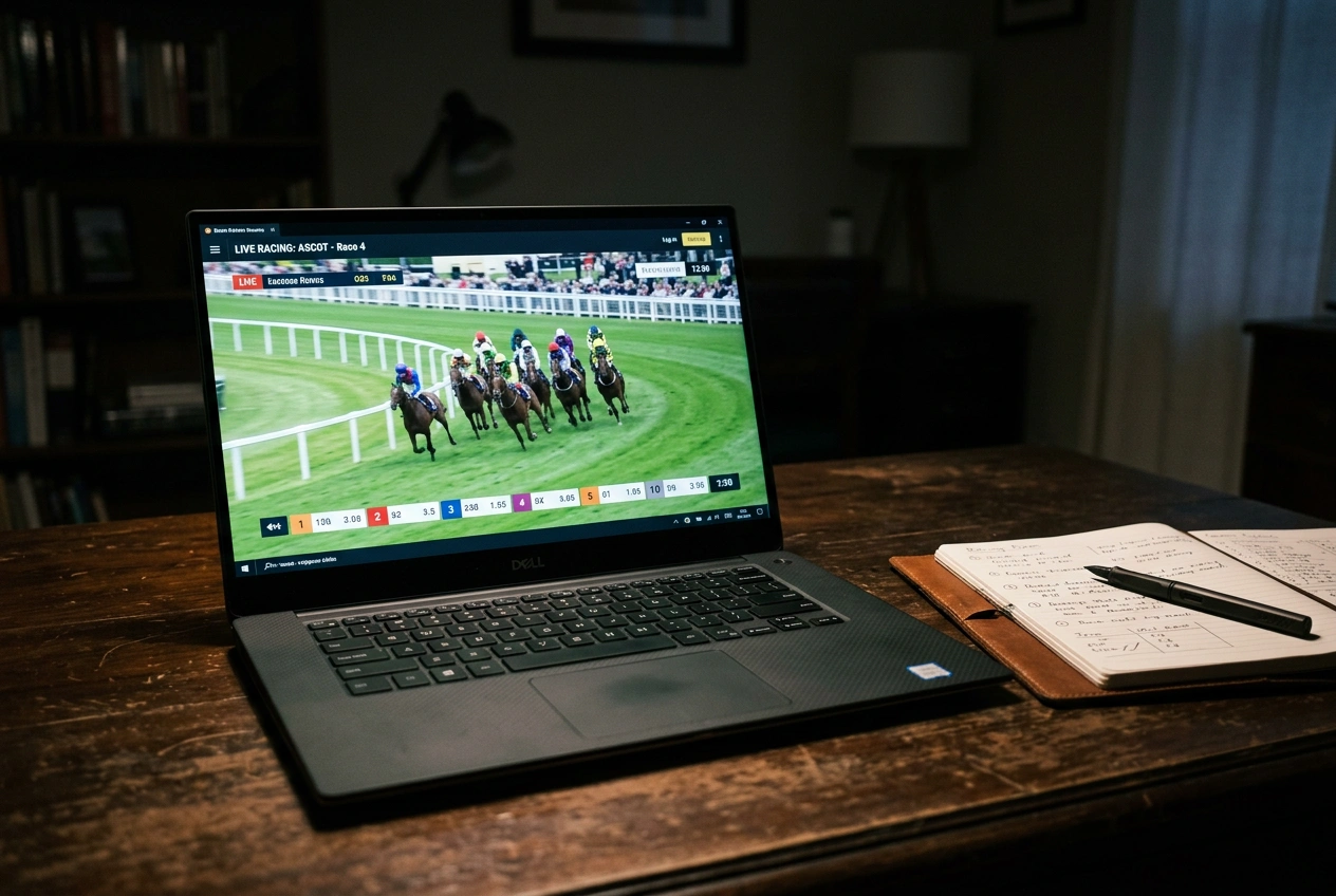 Schermo di laptop con diretta streaming di una corsa di cavalli su un ippodromo