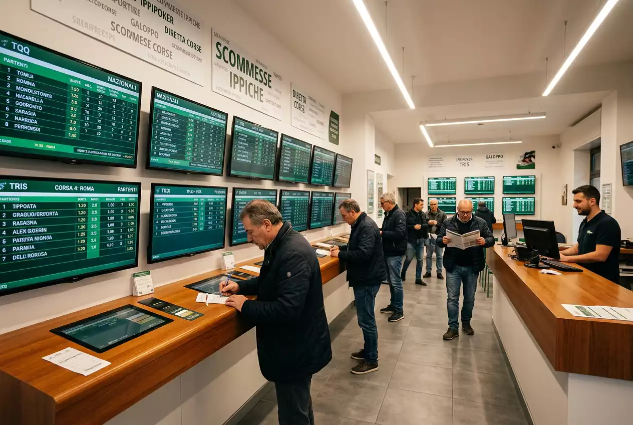 Interno di un'agenzia di scommesse ippiche in Italia con schermi che mostrano le quote delle corse