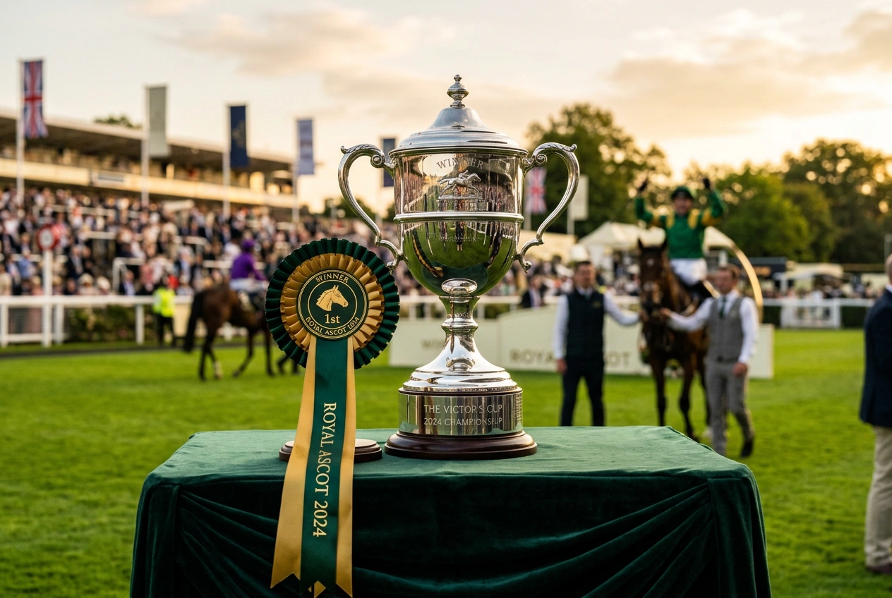 Trofeo e coccarda di un grande premio ippico esposti su un tavolo con sfondo dell'ippodromo