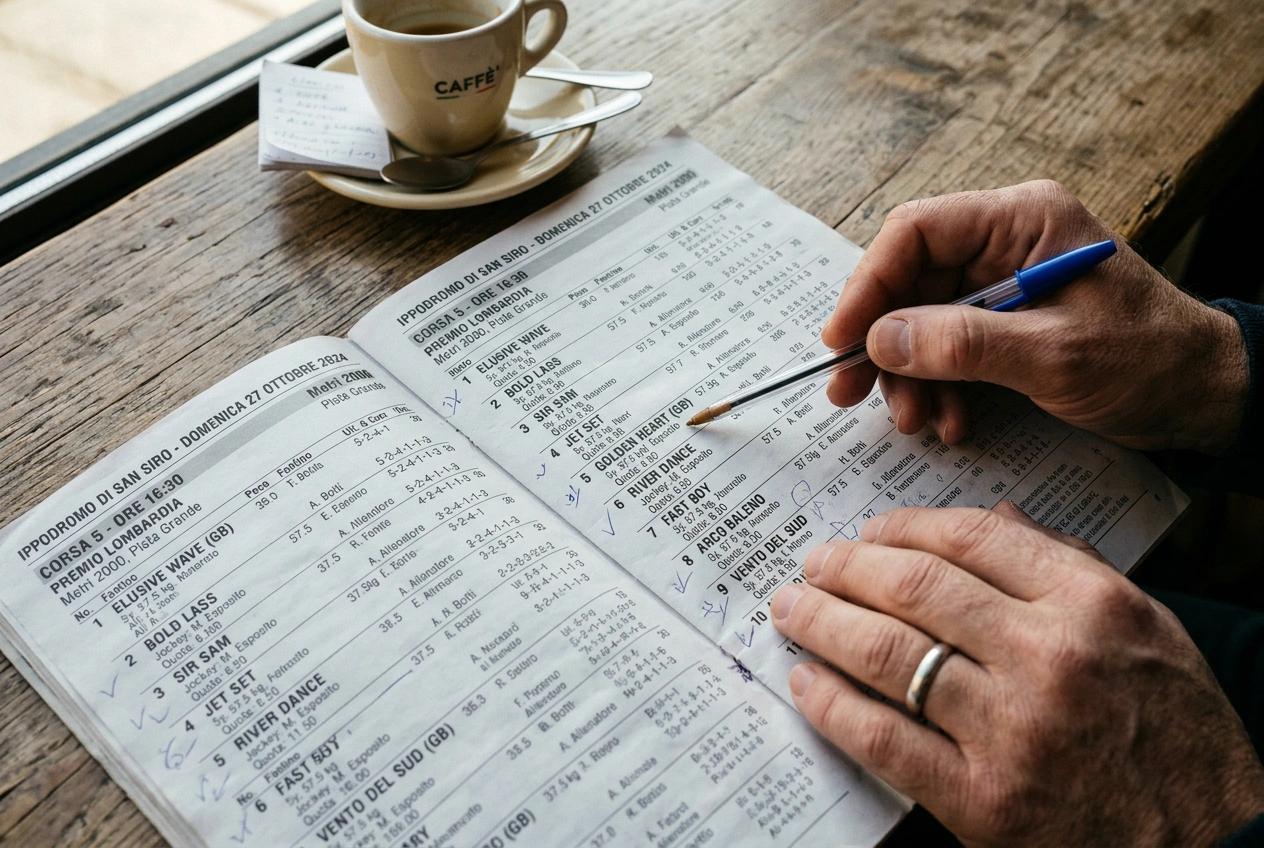 Programma stampato delle corse ippiche con elenco dei partenti e informazioni sulle gare