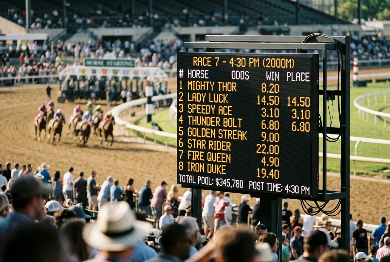 Pannello elettronico con quote decimali aggiornate in tempo reale su un ippodromo
