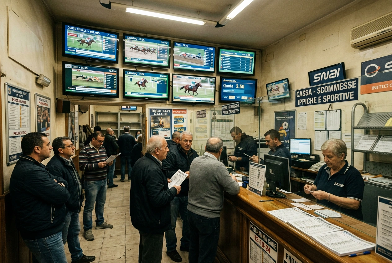 Interno di un'agenzia di scommesse ippiche italiana con schermi e bancone
