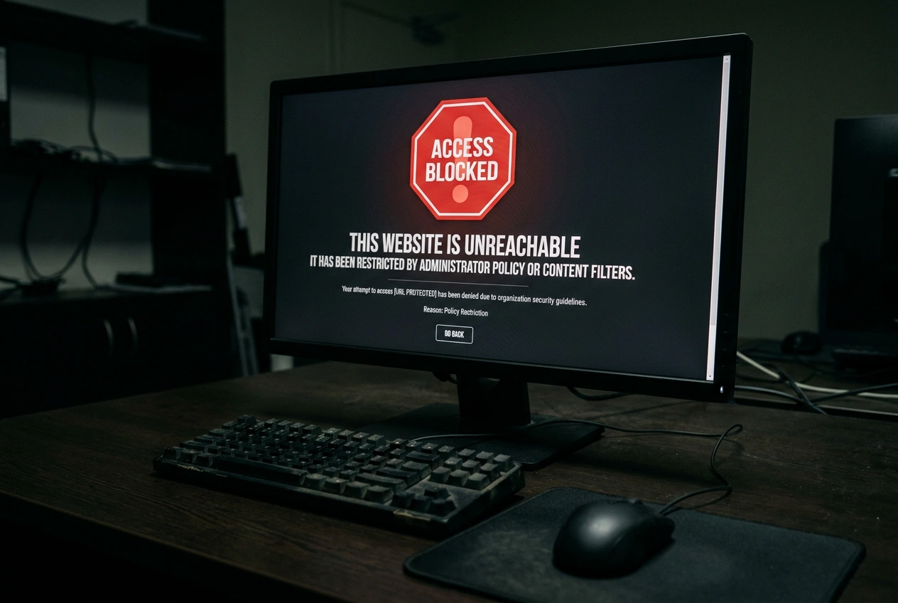 Schermo di computer con pagina web bloccata e avviso di sito non autorizzato