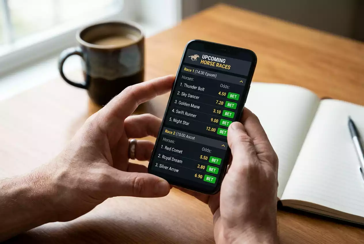 Smartphone con piattaforma di scommesse ippiche online che mostra quote e palinsesto delle corse