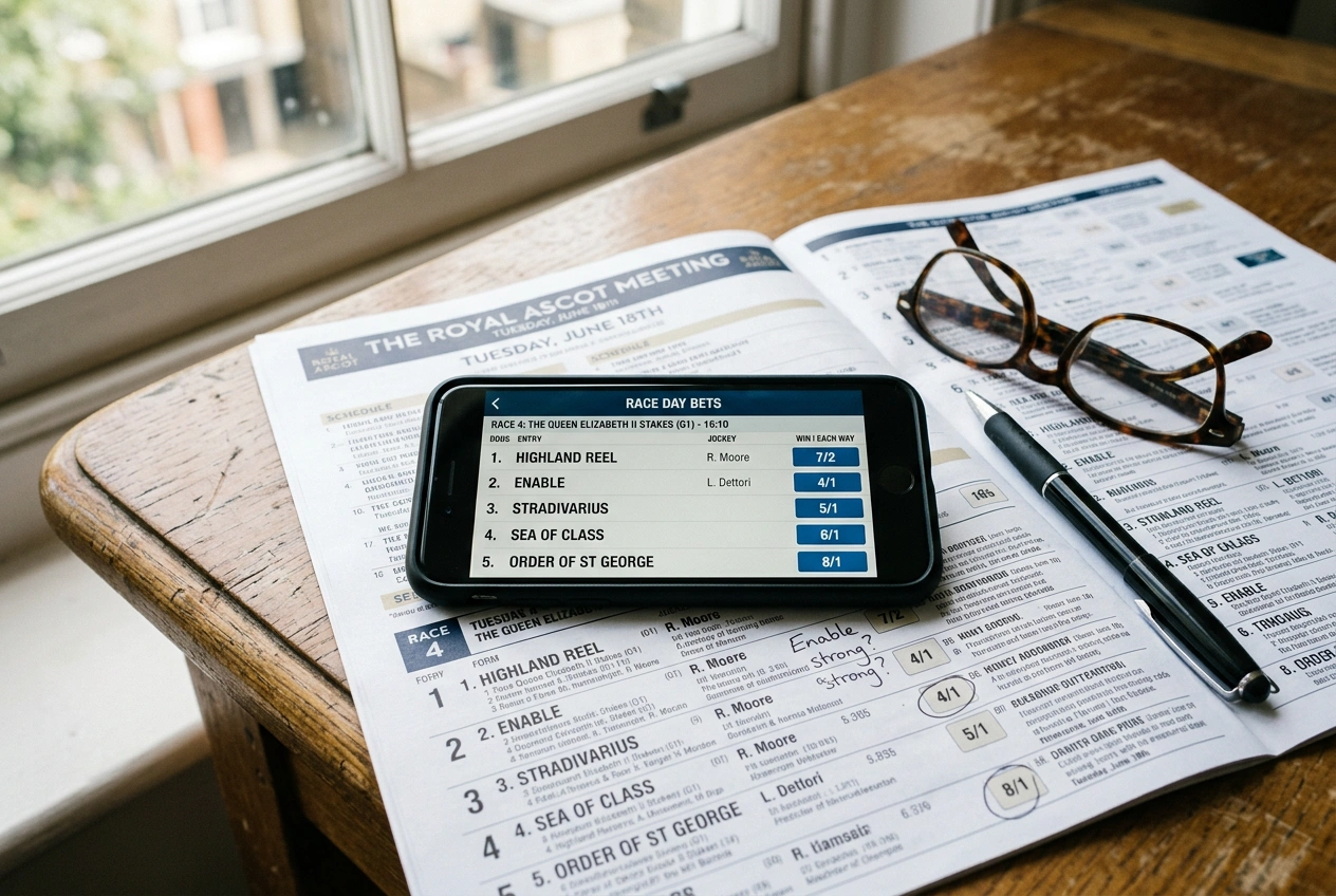 Smartphone con schermata di scommesse ippiche appoggiato su un programma di corse stampato