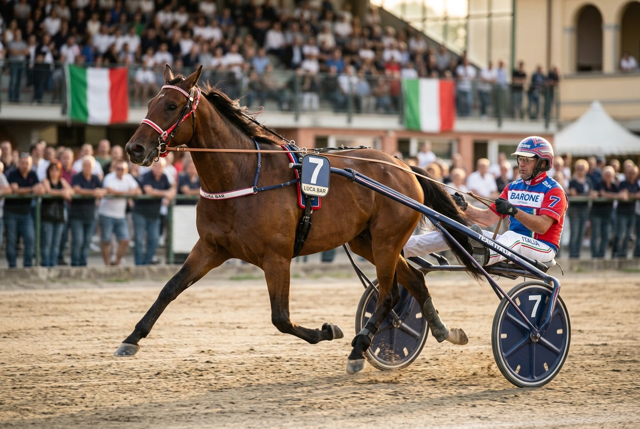 Cavallo trottatore al sulky durante una corsa di trotto su pista italiana
